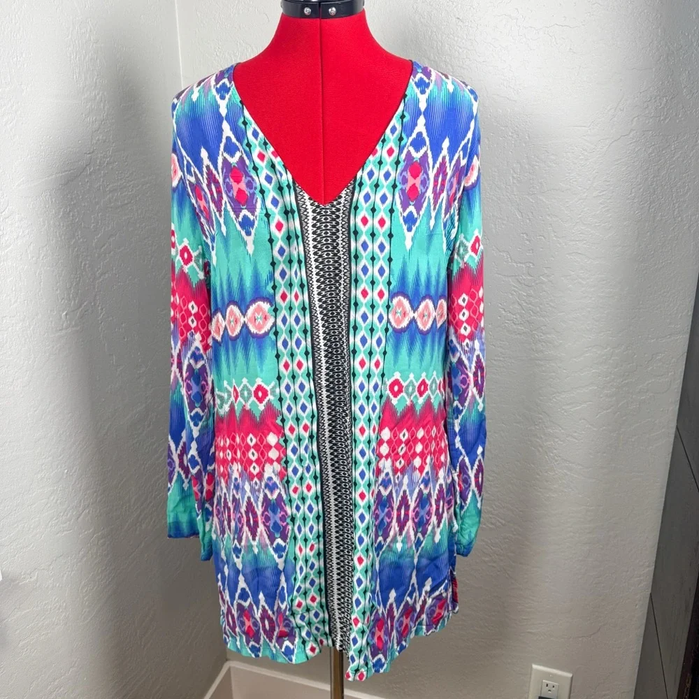 La Blanca Colorful Ikat Print Open Front Cover Up Size M